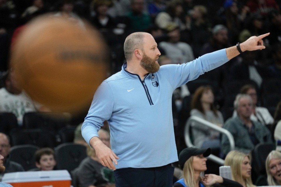 <strong>Memphis Grizzlies head coach Taylor Jenkins reacts calls a play against the Bucks on Friday, Oct. 20, 2023, in Milwaukee.</strong> (Morry Gash/AP)