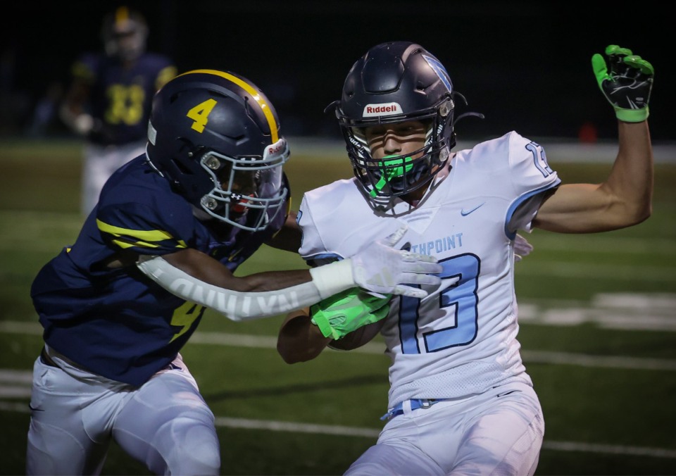 <strong>Northpoint receiver Charlie Parolli (13) is tackled during the Oct. 20, 2023, game against Lausanne.</strong> (Patrick Lantrip/The Daily Memphian)