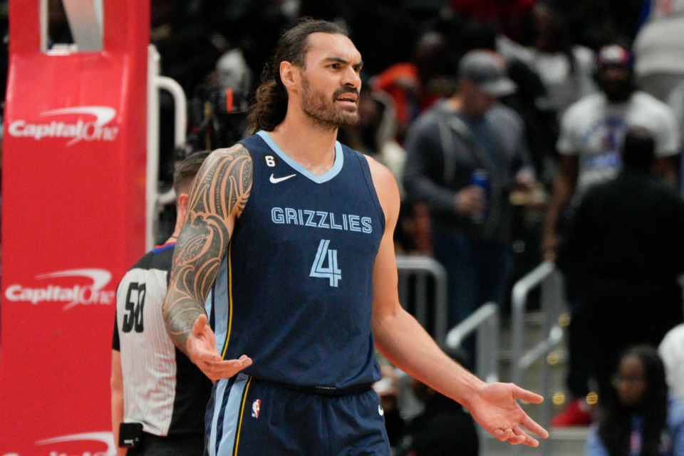 <strong>Memphis Grizzlies center Steven Adams (4) reacts to a foul call during the first half of an NBA basketball game against the Washington Wizards Nov. 13, 2022, in Washington.</strong> (Jess Rapfogel/AP Photo/ file)