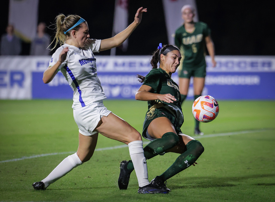 <strong>U of M forward Saorla Miller (11) scored the first of four goals for the win against Temple on Sunday, Oct. 22. Miller takes a shot on goal during a Oct. 19, 2023 game against UAB.</strong> (Patrick Lantrip/The Daily Memphian)