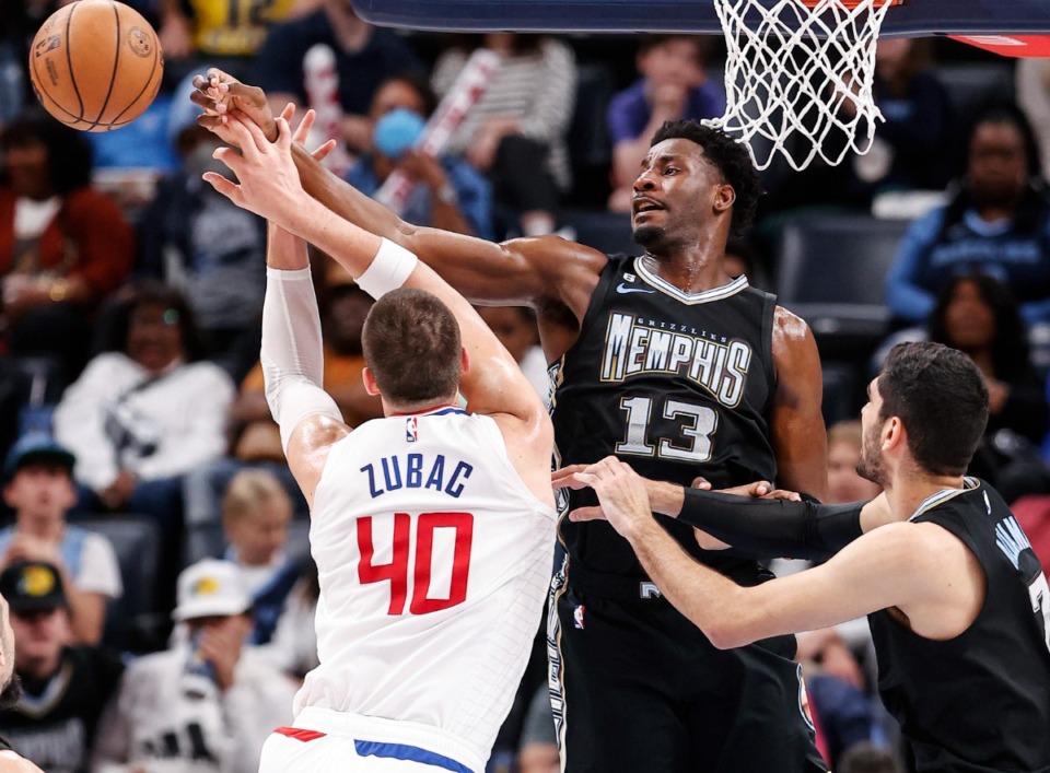 <strong>Memphis Grizzlies center Jaren Jackson Jr., (right) battlesfor a rebound in March. With Steven Adams and Brandon Clarke both out, the forward/center combo has his work cut out for him.</strong> (Mark Weber/The Daily Memphian file)