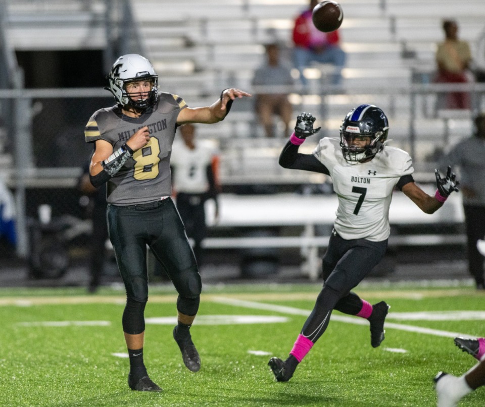 <strong>Millington quarterback McCoy Pugh releases a pass on Oct. 6, 2023.&nbsp;Millington jumps into the Class 4A poll for the first time this season.</strong> (Greg Campbell/The Daily Memphian file)