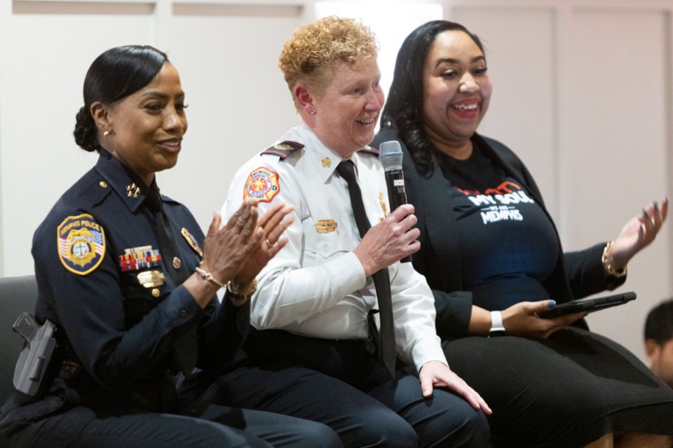 <strong>Memphis Police Department Chief Cerelyn &ldquo;C.J.&rdquo; Davis, left, and Memphis Fire Department Chief Gina Sweat, center, speak during Monday's Junior League meeting about women's leadership at the Chlidren&rsquo;s Museum of Memphis.</strong> (Brad Vest/Special to The Daily Memphian)