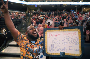 <strong>Mike Rodgers celebrates during a draft party at FedExForum on Thursday, June 20, as the Memphis Grizzlies select Murray State guard Ja Morant with the second overall pick in the 2019 NBA Draft.</strong> (Patrick Lantrip/Daily Memphian)