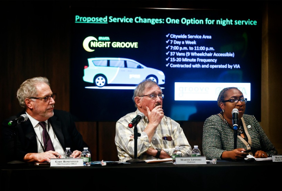 <strong>&ldquo;The primary comment that we have heard that the public is most concerned with is the negative impact of the time of 7 p.m.,&rdquo; said MATA deputy CEO&nbsp;Bacarra Mauldin (right). MATA CEO Gary Rosenfeld sits at left, and Commissioner Martin Lipinski sits in the middle.</strong> (Mark Weber/The Daily Memphian)