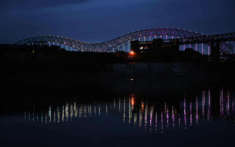 <strong>The Mighty Lights were lit up blue, green and purple after sunset to commemorate National Crime Victims&rsquo; Rights Week April 25.</strong> (Patrick Lantrip/The Daily Memphian file)