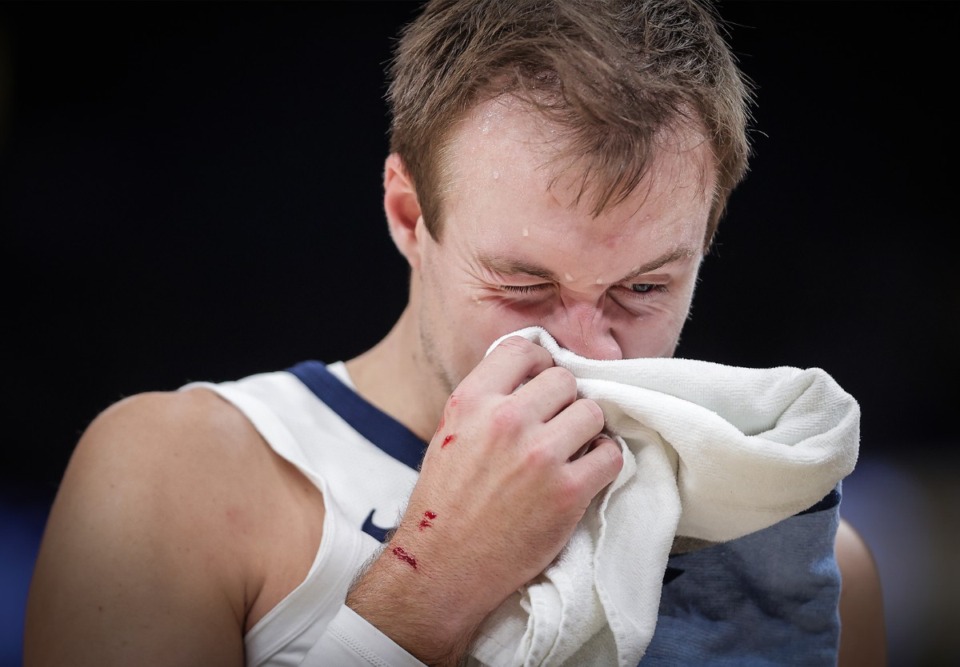 <strong>Memphis Grizzlies guard Luke Kennard (10) leaves the court with a bloody nose in the Oct. 25 season opener against the New Orleans Pelicans. He went 0-5.</strong> (Patrick Lantrip/The Daily Memphian)