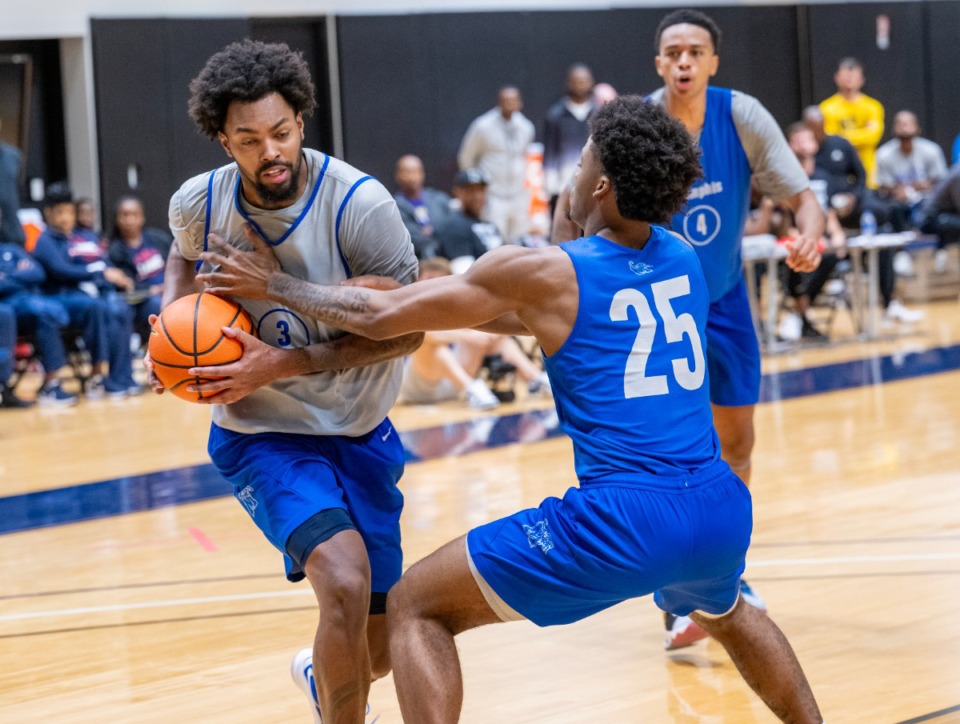 <strong>Jordan Brown (left, in a scrimmage Saturday, Oct. 14) is one of 20 players named to the 2024 Kareem Abdul-Jabbar Award watch list by the Naismith Memorial Basketball Hall of Fame.</strong> (Greg Campbell/Special to The Daily Memphian)