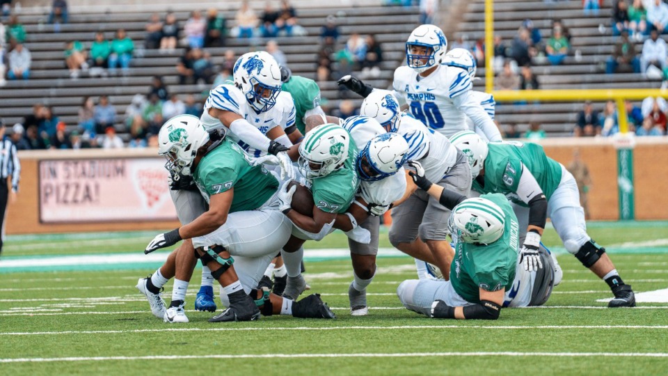 <strong>Tigers defense brings the North Texas Mean Green player Oscar Adaway III (27) to a halt Saturday, Oct. 28, 2023 at the DATCU Stadium in Denton, Texas.</strong> (Courtesy Memphis Athletics)