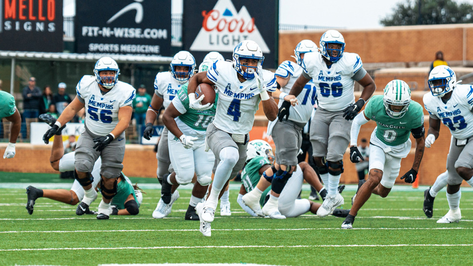 <strong>Blake Watson (4) runs with the ball as the Tigers beat the North Texas Mean Green 45-42 on Saturday, Oct. 28, 2023 at DATCU Stadium in Denton, Texas.</strong> (Courtesy Memphis Athletics)