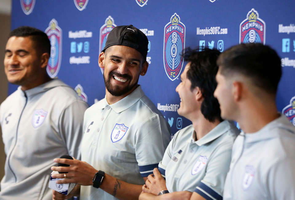 <strong>C.F. Pachuca players Alfonso Blanco (from left), Victor Guzman, Jorge Hernandez and Franco Jara laugh over who&rsquo;s going to have to field the next question from reporters in advance of their exhibition match against Memphis 901 FC set for Saturday, June 22, 2019.</strong> (Patrick Lantrip/Daily Memphian)