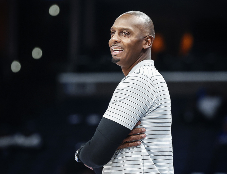 <strong>University of Memphis head coach Penny Hardaway smiles during action against Lane College on Sunday, Oct. 29.</strong> (Mark Weber/The Daily Memphian)
