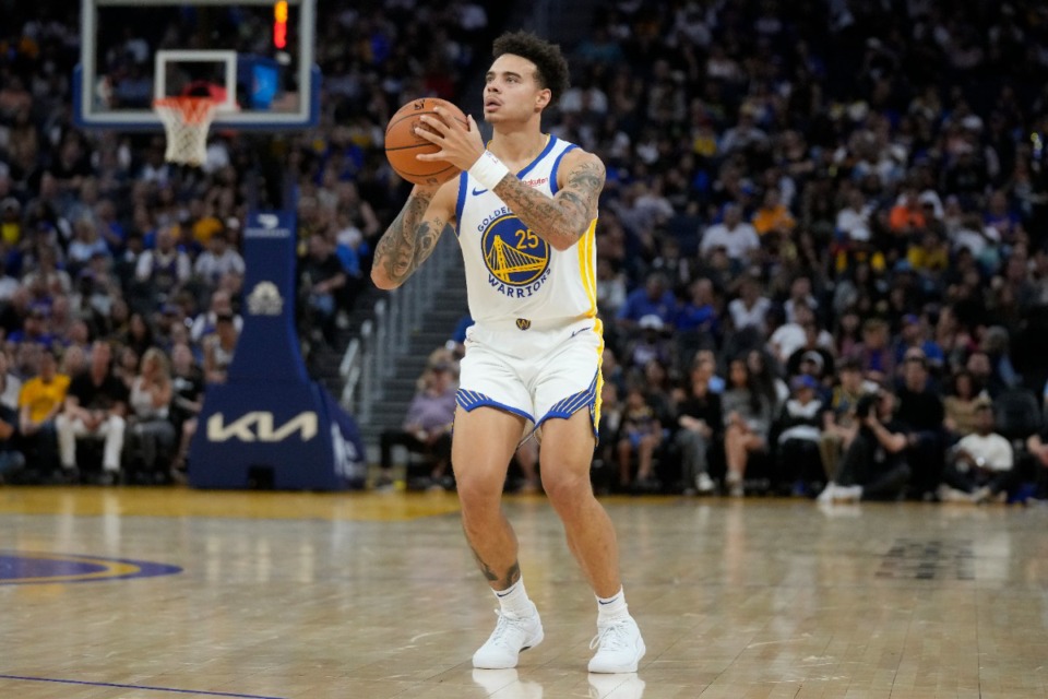 <strong>Golden State Warriors guard Lester Quinones (25) during an NBA preseason basketball game against the Los Angeles Lakers in San Francisco, Saturday, Oct. 7, 2023.</strong> (AP Photo/Jeff Chiu)