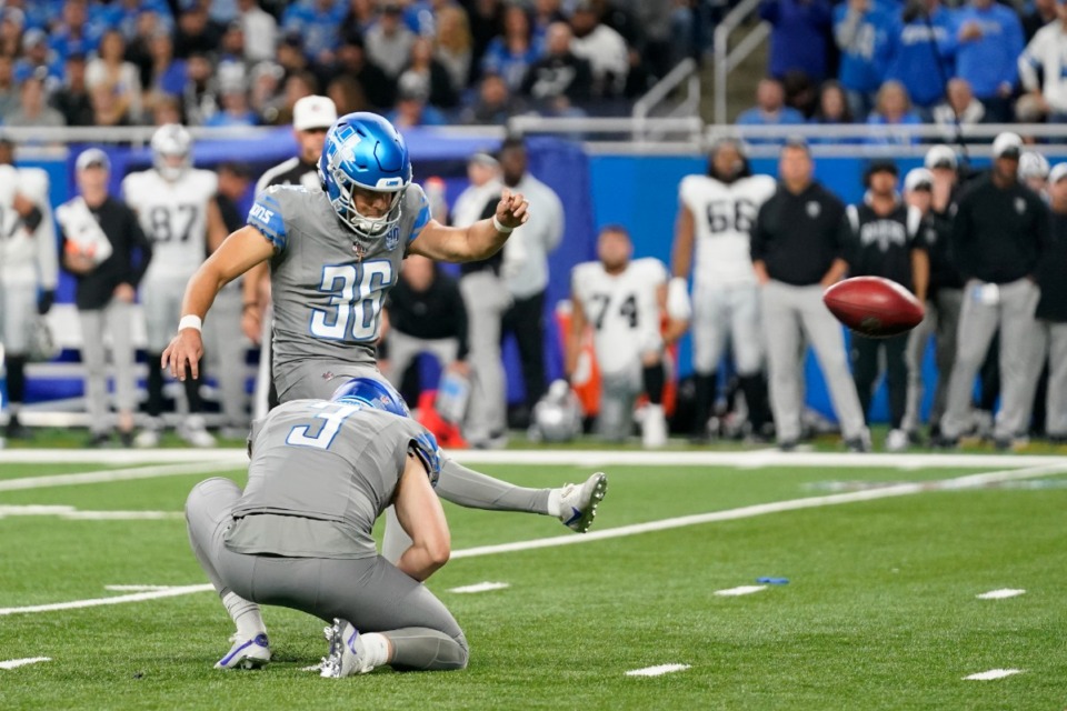 <strong>Detroit Lions place-kicker Riley Patterson (36) kicks a field goal during the first half of an NFL football game against the Las Vegas Raiders, Monday, Oct. 30, 2023, in Detroit.</strong> (Paul Sancya/AP Photo)