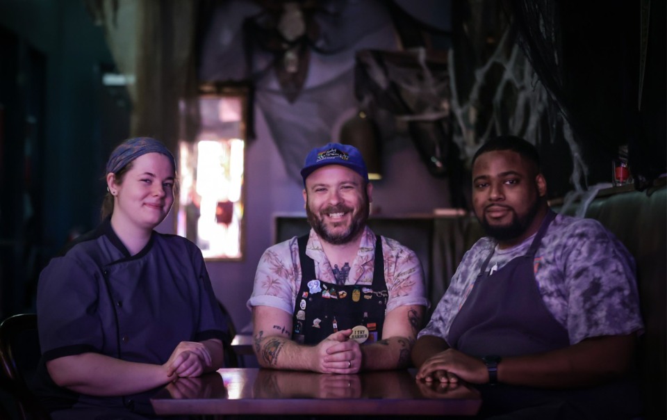 <strong>From left, Colleen Kohl, Paul Gilliam and Cameron Smith pose at Cameo, where Kohl will be cooking a pop-up dinner with a menu she created herself.</strong> (Patrick Lantrip/The Daily Memphian)