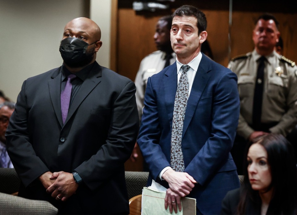 <strong>Former Memphis Police officer Desmond Mills Jr. (left), with attorney Blake Ballin, pleads not guilty to the murder of Tyre Nichols on Friday, Feb. 17, 2023 in Judge James Jones&rsquo; courtroom.</strong> (Mark Weber/The Daily Memphian)