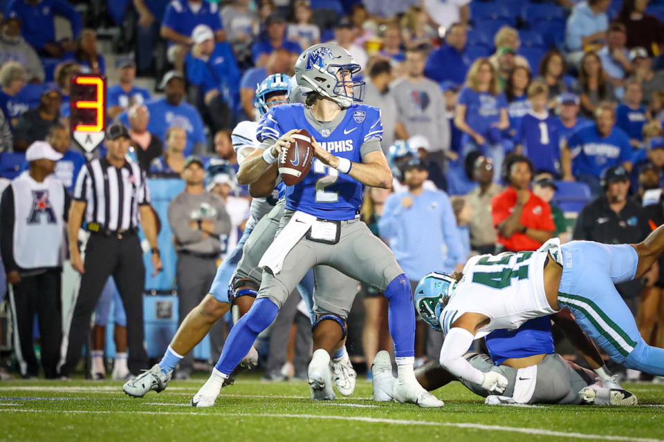 <strong>University of Memphis Quarterback Seth Henigan (2) during the Tigers game against Tulane University on Oct. 13, 2023 at Simmons Bank Liberty Stadium.</strong> (Wes Hale/Special to The Daily Memphian)