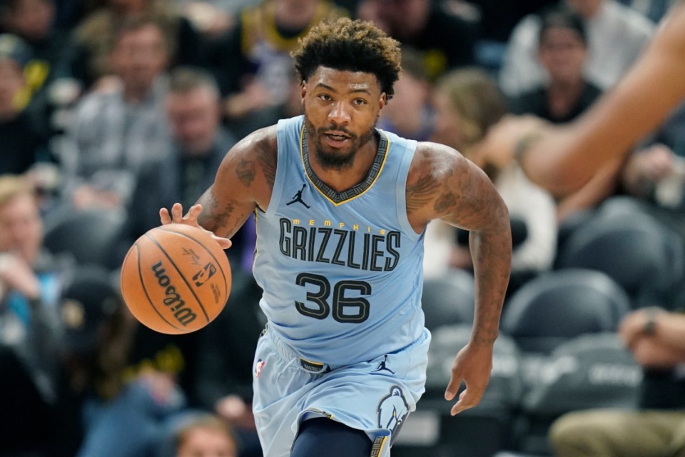 <strong>Memphis Grizzlies guard Marcus Smart (36) brings the ball up court during the second half of an NBA basketball game against the Utah Jazz Wednesday, Nov. 1, 2023, in Salt Lake City.</strong> (AP Photo/Rick Bowmer)