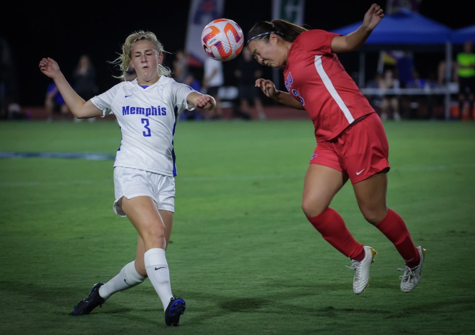 <strong>University of Memphis defender Anna Hauer (left), scored one of the goals that gave the Tigers the win over Charlotte in the AAC semifinals.</strong> (Patrick Lantrip/The Daily Memphian file)