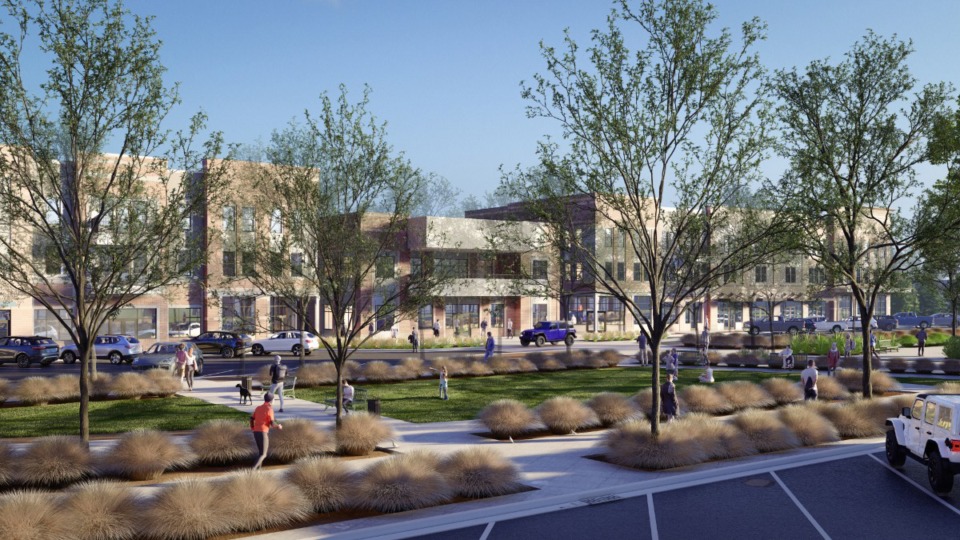 <strong>A rendering shows the proposed Byhalia Commons, with retail and apartments in the first phase. Apartments will be above the commercial space.</strong> (Courtesy of Cory Brady, Integrated Land Solutions owner)