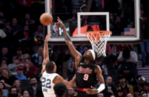 <strong>Portland Trail Blazers forward Jerami Grant, right, blocks a shot by Memphis Grizzlies guard Desmond Bane in Portland, Oregon, Friday, Nov. 3, 2023.</strong> (Steve Dykes/AP)