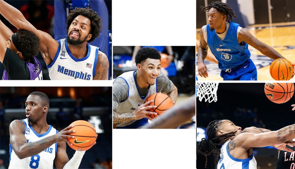<strong>The Memphis basketball starting lineup is likely for 2023-2024 to include Jordan Brown (top left), David Jones (bottom left), Jahvon Quinerly (center), Jaykwon Walton (top right) and Caleb Mills. </strong>(The Daily Memphiain file)