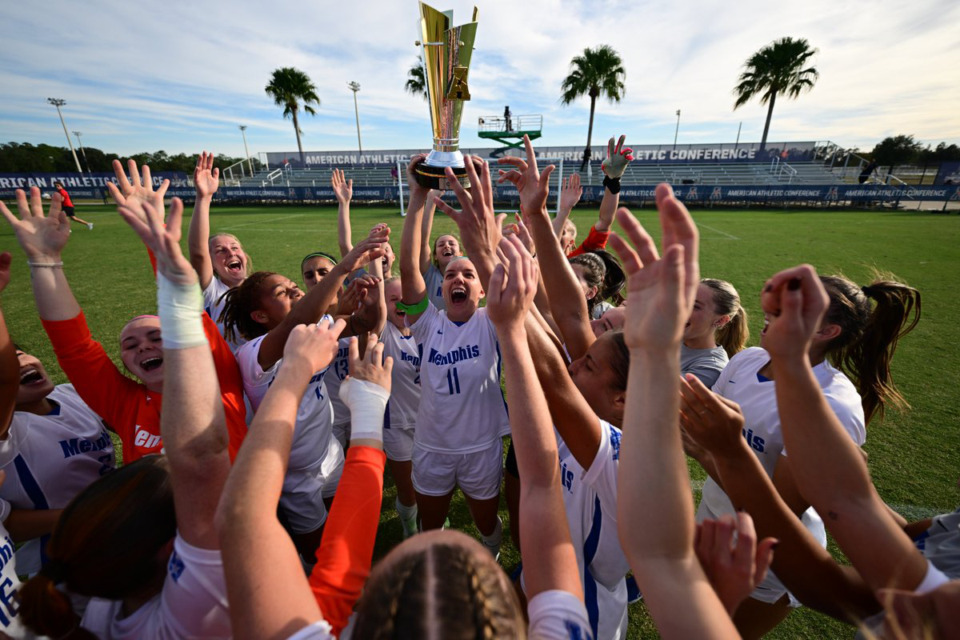 <strong>The University of Memphis Tiger women&rsquo;s soccer team defeated SMU, 2-1, Sunday afternoon, Nov. 5, in Lakewood Ranch, Florida, to win its third consecutive American Athletic Conference Championship.</strong> (Courtesy University of Memphis Athletics)