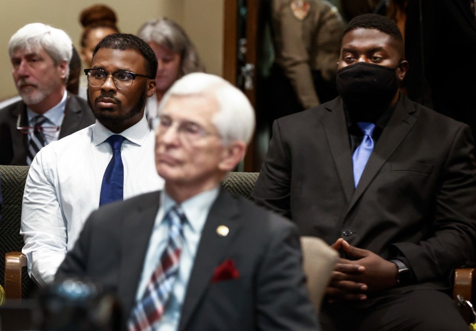 <strong>Former Memphis Police officers Justin Smith (back left) and Emmitt Martin III (back right) appear in Judge James Jones&rsquo; courtroom on Monday Nov. 6, 2023.</strong> (Mark Weber/The Daily Memphian)