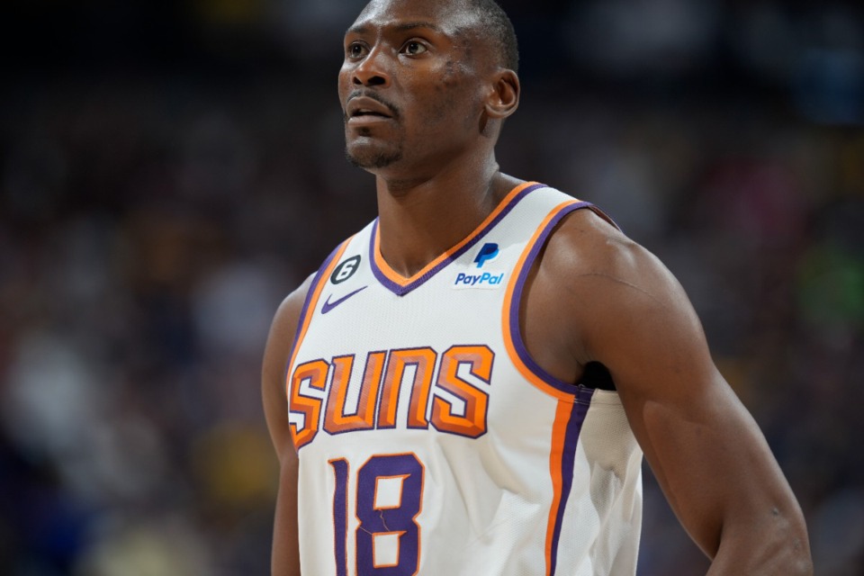<strong>Bismack Biyombo (18) in the second half of Game 2 of an NBA second-round playoff series Monday, May 1, 2023, in Denver.</strong> (AP Photo/David Zalubowski)