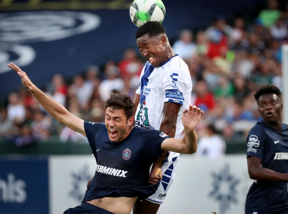 <strong>Memphis forward Elliot Collier (left) collides with Pachuca defender &icirc;scar Murillo during 901 FC's 6-1 loss to the squad from Mexico.</strong> (Jim Weber/Daily Memphian)