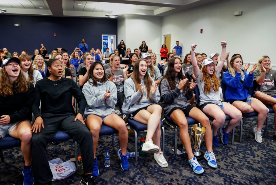 <strong>University of Memphis soccer teammates celebrate after being selected to play in the NCAA tournament on Monday Nov. 6, 2023.</strong> (Mark Weber/The Daily Memphian)