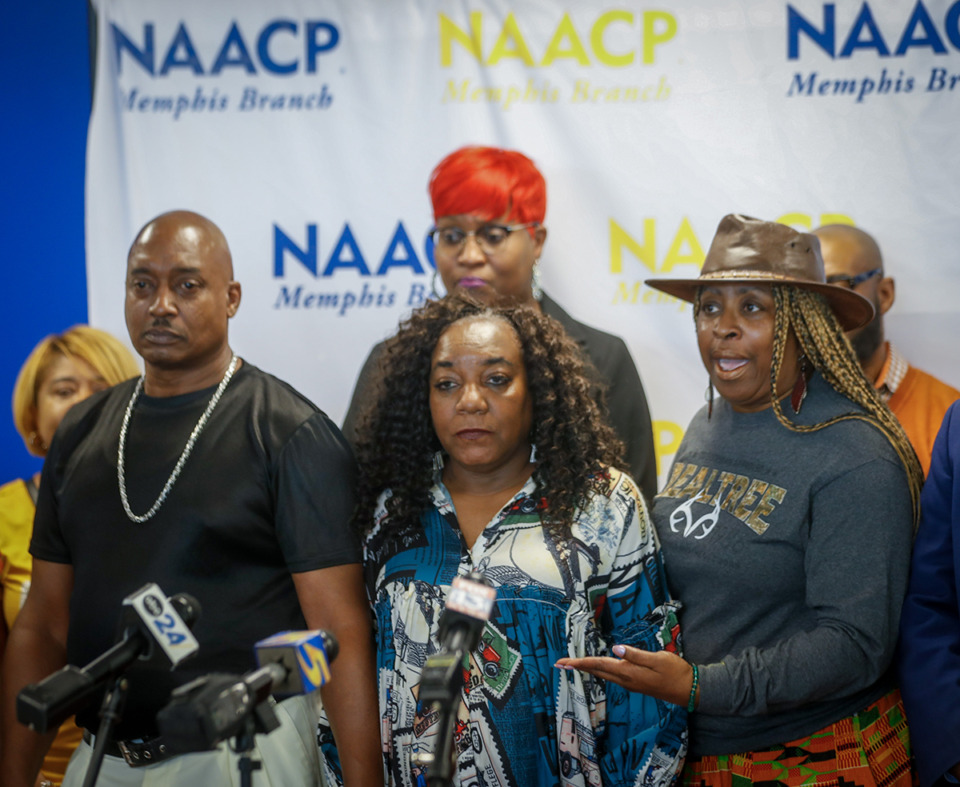 <strong>Courtney Anderson, left, and Vickie Terry, middle, NAACP Memphis executive director, stand with local activist Karen Spencer-McGee, right, of the Memphis chapter of Black Lives Matter. &ldquo;People kill people and don&rsquo;t get 163 years,&rdquo; Spencer-McGee said.</strong>(Aarron Fleming/The Daily Memphian)