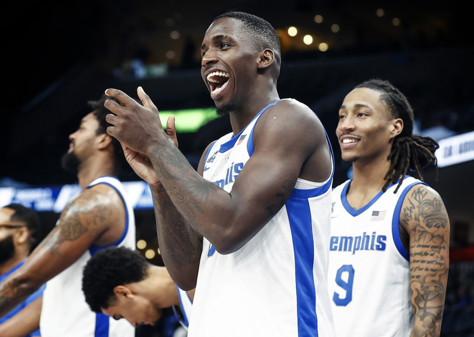 <strong>University of Memphis guard David Jones, middle, celebrates during a victory over Jackson State on Monday Nov. 6, 2023.</strong> (Mark Weber/The Daily Memphian)