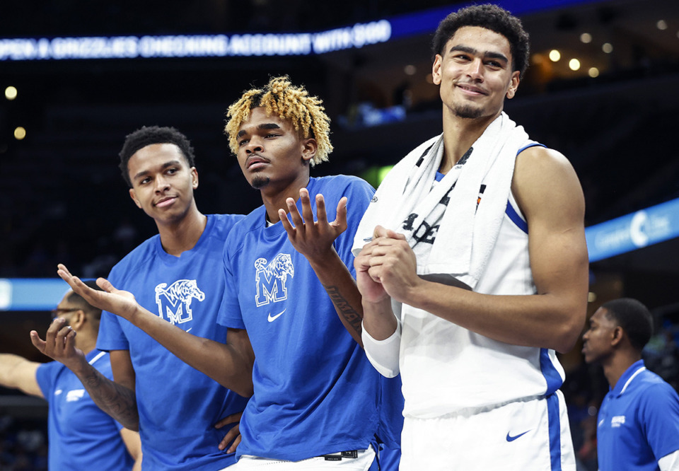 <strong>University of Memphis teammates, left to right, Ashton Hardaway, JJ Taylor and Nick Jourdain react to an officials call during action against Jackson State on Monday Nov. 6, 2023.</strong> (Mark Weber/The Daily Memphian)