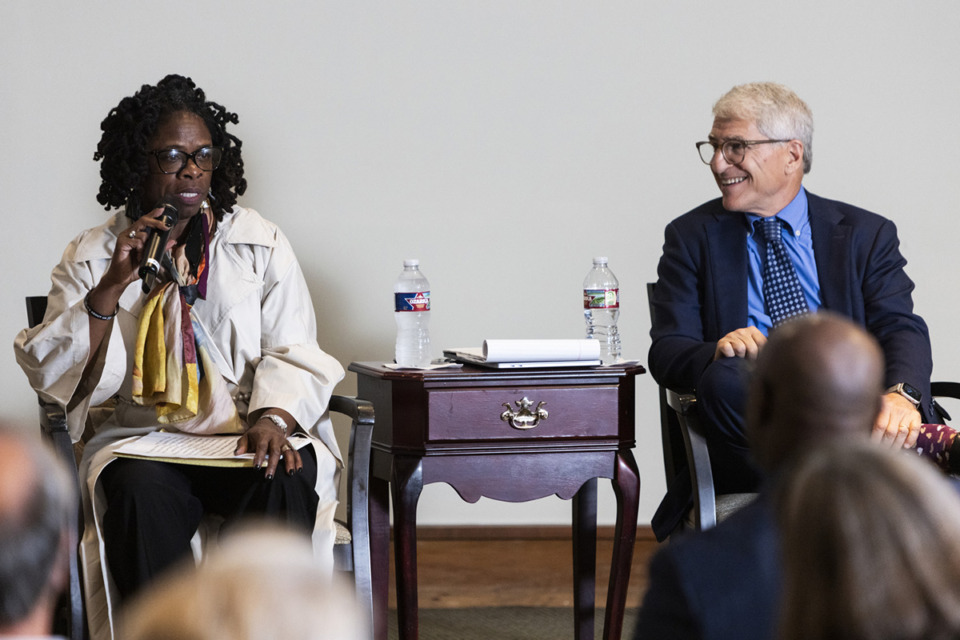 <strong>Iris Roley, left, speaks during a panel held by the Community Foundation of Greater Memphis about the Department of Justice&rsquo;s pattern or practice investigation of Memphis Police Department Tuesday, Nov. 7, 2023.</strong> (Brad Vest/Special to The Daily Memphian)