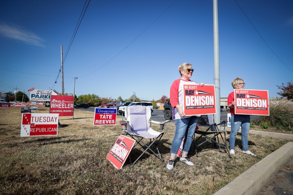 <strong>Renee Patrick (left) and Patti Denison greet voters at SouthPoint Church in Southaven, Mississippi Nov. 7, 2023.</strong> (Patrick Lantrip/The Daily Memphian)