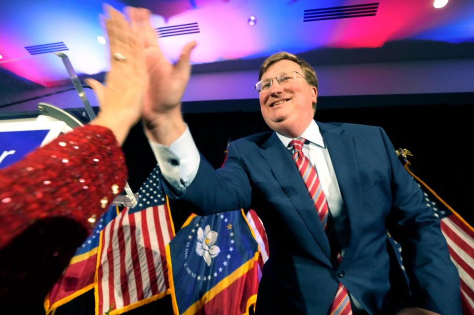 <strong>Mississippi Republican Gov. Tate Reeves greets a supporter before speaking to supporters at his gubernatorial reelection watch party in Flowood, Miss., Tuesday, Nov. 7, 2023.</strong> (AP Photo/Rogelio V. Solis)