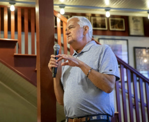 <strong>Nick Vergos talks about when he first learned he'd been diagnosed with cancer to a crowd of Make-A-Wish supporters who gathered June 23, 2019, at Vergos' Rendezvous restaurant.</strong> (Mike Kerr/Special to The Daily Memphian)