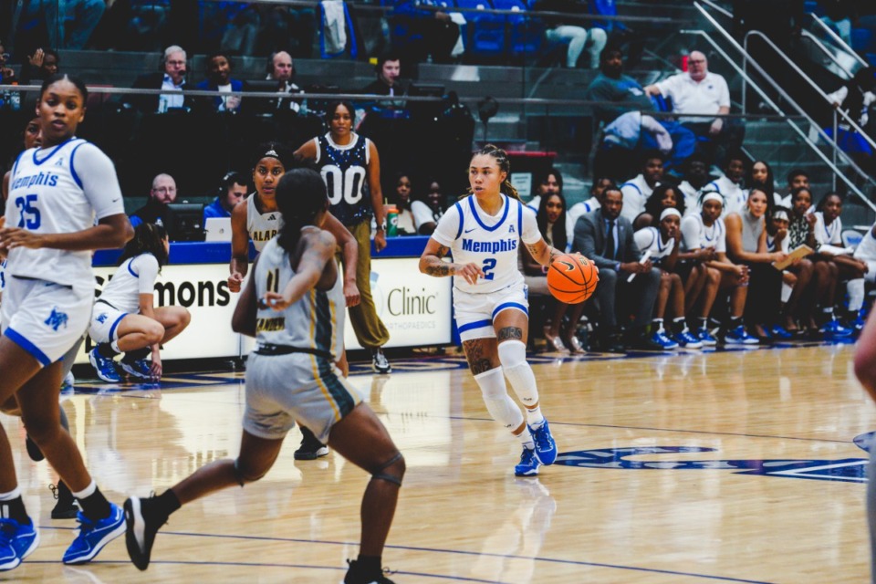 <strong>University of Memphis Guard Madison Griggs (2) leads the Tigers with 18 points during a dominating Nov. 9 win against Alabama State at the Elma Roane Fieldhouse.</strong> (Ben Owens/Special to The Daily Memphian)