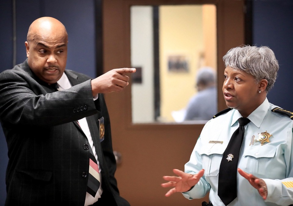 <strong>Shelby County Chief Jailer Kirk Fields (left) filed a motion Friday, Nov. 10, to dismiss himself from the suit filed against him, Shelby County Sheriff Floyd Bonner Jr. and Shelby County government. Nicole Freeman &mdash; widow of the deceased Gershun Freeman, who died at the Shelby County Jail in October 2022 &mdash; filed the suit in April.</strong>&nbsp;(Jim Weber/The Daily Memphian file)