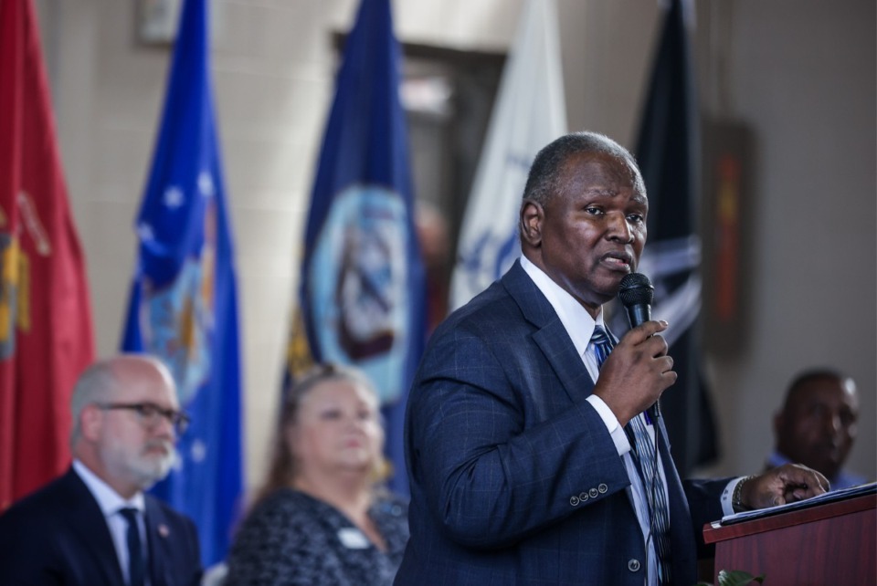 <strong>Cordell Walker, outgoing executive director of Alpha Omega Veterans Services, speaks Friday, Nov. 10, 2023, at the veterans facility named in his honor.</strong> (Patrick Lantrip/The Daily Memphian)