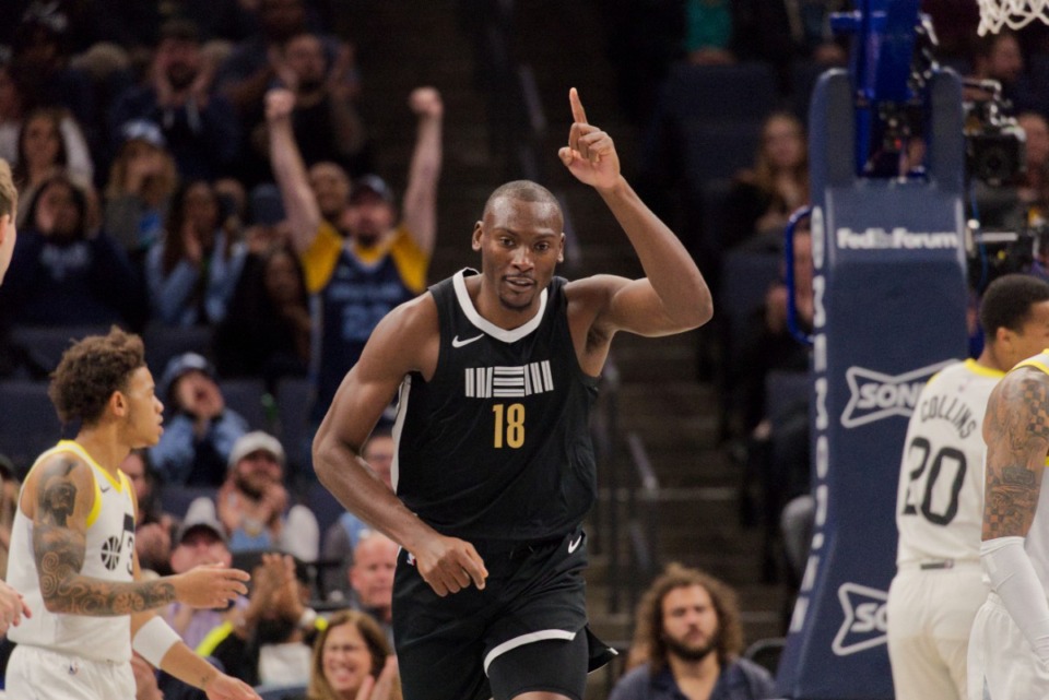 <strong>Memphis Grizzlies center Bismack Biyombo (18) celebrates an assist during the first half of the team's NBA basketball in-season tournament game against the Utah Jazz on Friday, Nov. 10, 2023, at FedExForum.</strong> (AP Photo/Nikki Boertman)