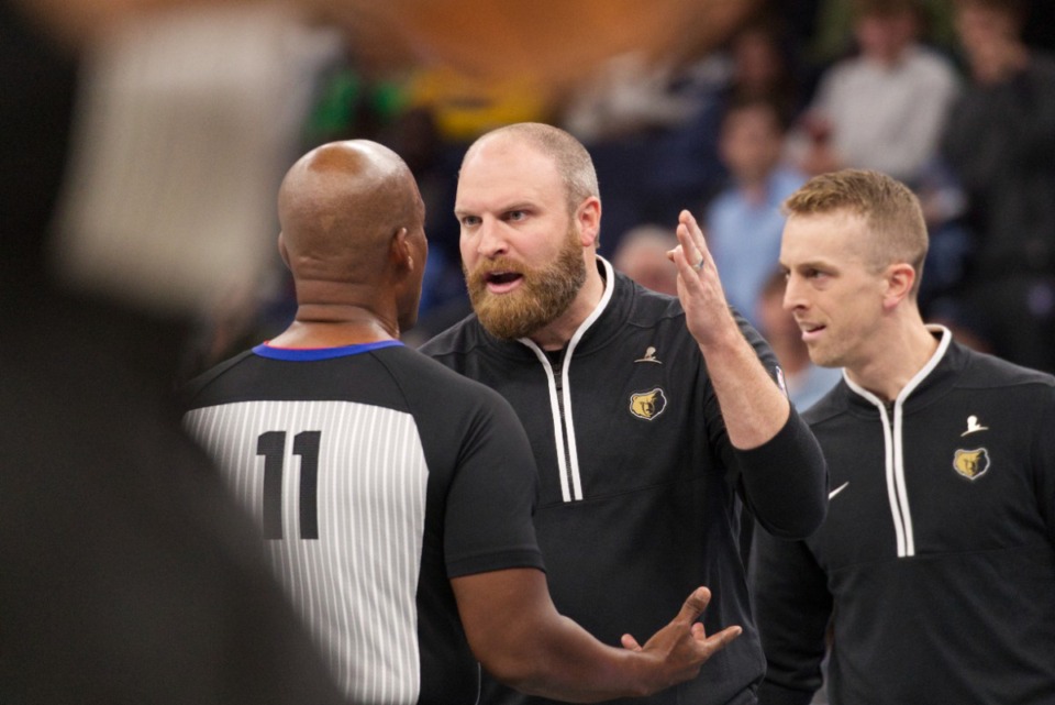 <strong>Memphis Grizzlies coach Taylor Jenkins argues with official Derrick Collins after the ejection of forward Jaren Jackson Jr. during the second half of the team's NBA basketball in-season tournament game against the Utah Jazz on Friday, Nov. 10, 2023, at FedExForum.</strong> (Nikki Boertman/AP)