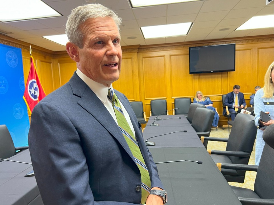 <strong>Gov. Bill Lee speaks to reporters Nov. 8 after a full day of budget meetings.</strong> (Ian Round/The Daily Memphian)