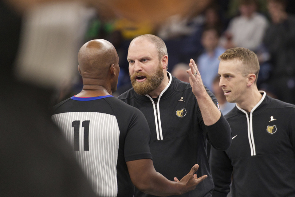 <strong>Memphis Grizzlies coach Taylor Jenkins argues with official Derrick Collins after the ejection of forward Jaren Jackson Jr. during the second half of the team's NBA basketball in-season tournament game against the Utah Jazz Nov. 10 in Memphis.</strong> (Nikki Boertman/AP file)