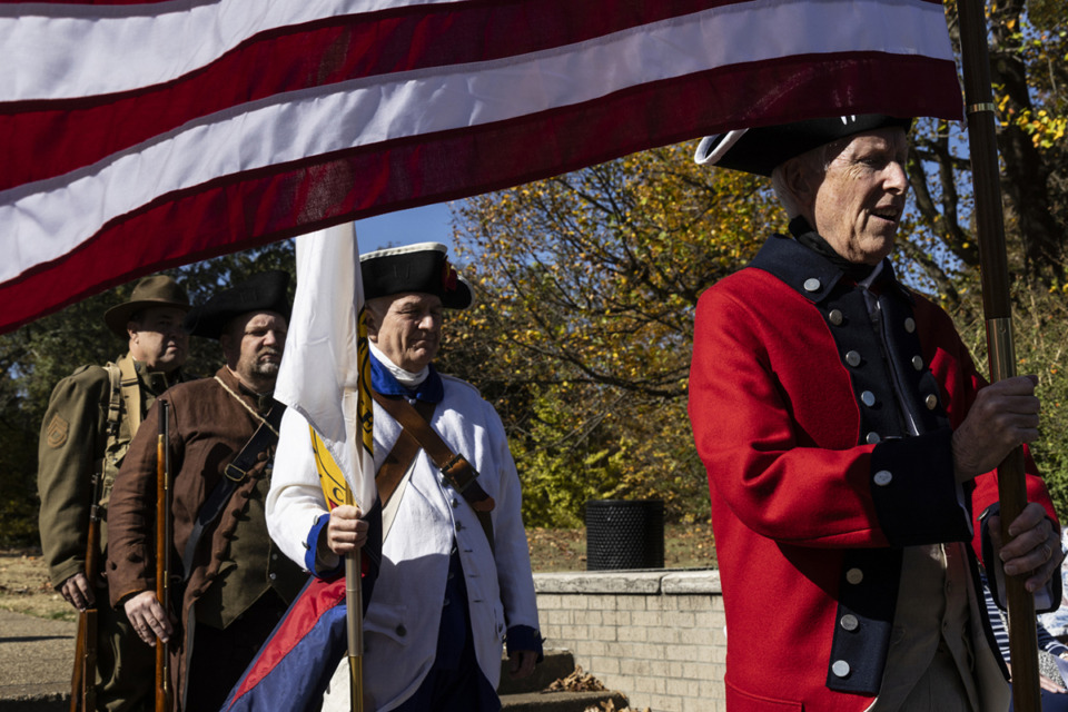 <strong>Sons of the American Revolution present the colors during the Daughters of the American Revolution Veterans Day Ceremony at Overton Park.</strong> (Brad Vest/Special to The Daily Memphian)