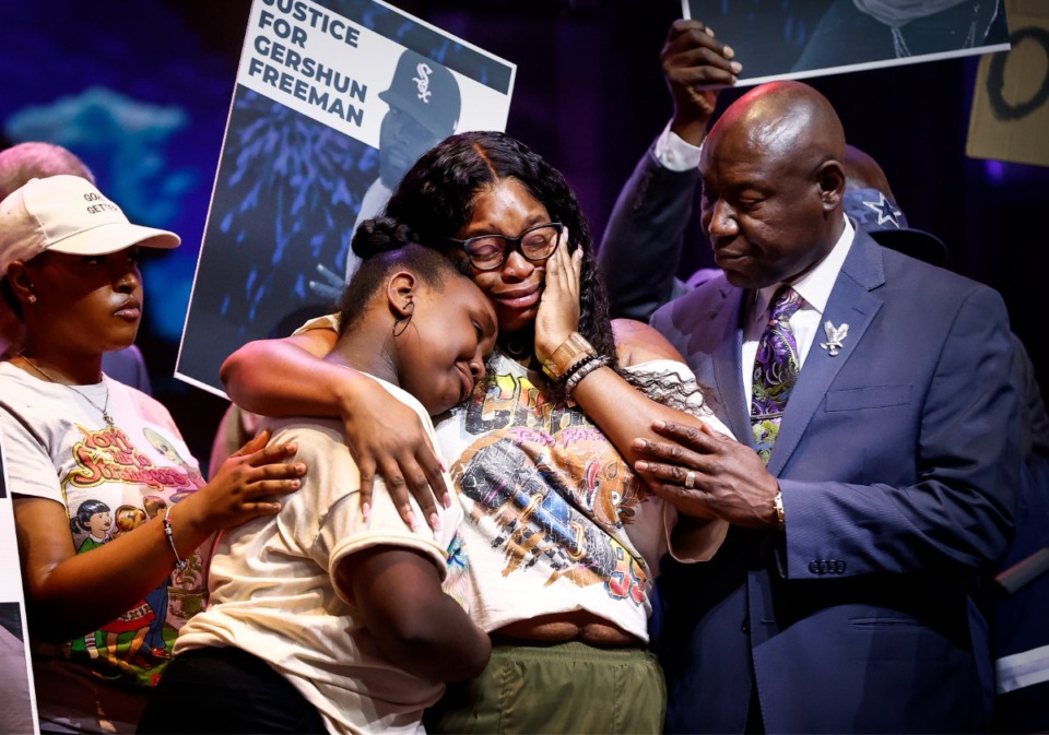 <strong>Attorney Ben Crump, (right) comforts Gershun Freeman&rsquo;s widow Nicole Freeman (middle) and daughter Taylor Freeman (left) during a press conference on Monday, Sept. 25, 2023. Shelby County is seeking to be dismissed from a $100 mlllion civil wrongful death suit filed by the family.</strong> (Mark Weber/The Daily Memphian file)