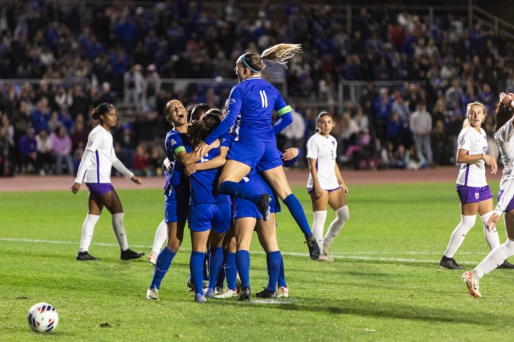 University of Memphis teammates celebrate a Momo Nakao goal during the Saturday, Nov. 11 first round women's NCAA Tournament match between Memphis and LSU at the U of M Track &amp; Soccer Complex on Park Avenue Campus. Memphis scored two early goals and hung on for the 2-1 victory. (Brad Vest/Special to The Daily Memphian)