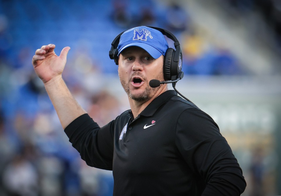 <strong>University of Memphis head coach Ryan Silverfield motions for his team during a Nov. 4, 2023 game against USF. After the Tigers&rsquo; Nov. 11 win over Charlotte he said,&nbsp;&ldquo;This year, the guys have continued to fight, believe, crawl, scratch. Do whatever it takes, and that&rsquo;s all that matters. We&rsquo;re 8-2.&rdquo;&nbsp;</strong>(Patrick Lantrip/The Daily Memphian)