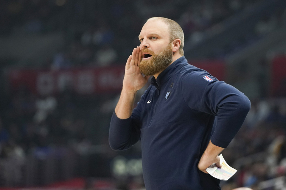 <strong>Memphis Grizzlies head coach Taylor Jenkins reacts during the first half of an NBA basketball game against the LA Clippers, Sunday, Nov. 12, in Los Angeles.</strong> (Ryan Sun/AP Photo)